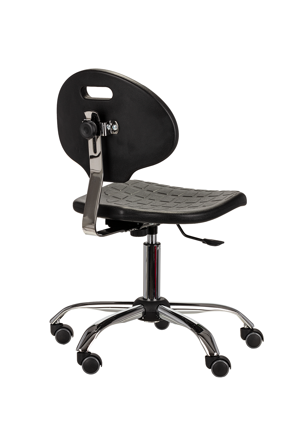 Zbliżenie na strukturę antypoślizgową poliuretanowego siedziska krzesła ESD