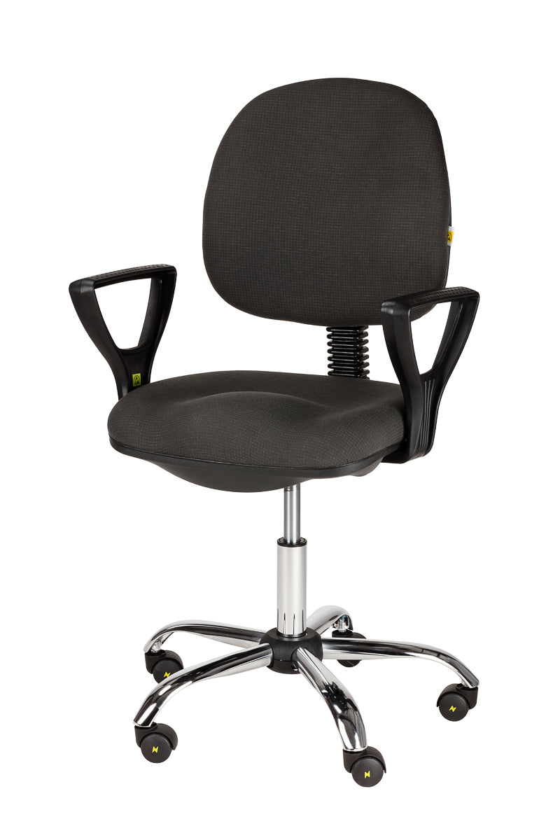 Tapicerowane krzesło ESD w kolorze ciemnoszarym z podłokietnikami i profilowanym oparciem