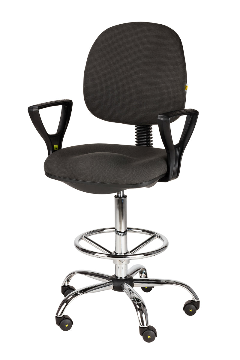 Wysokie krzesło obrotowe ESD z oparciem i podnóżkiem, kolor czarny, wersja poliuretanowa