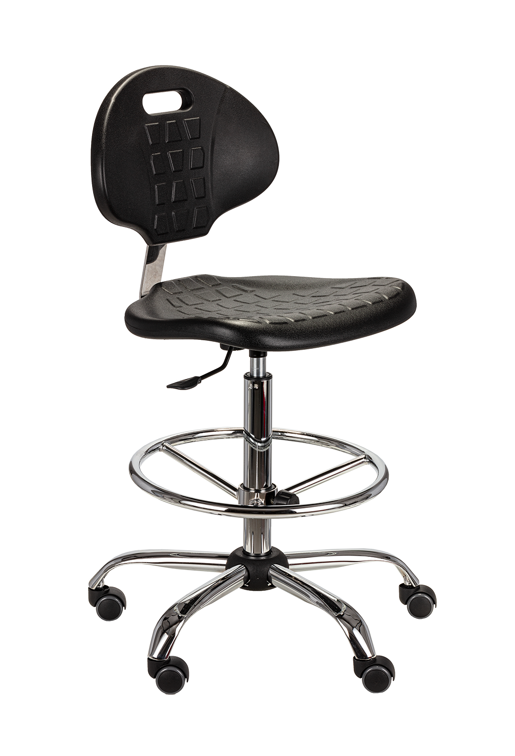 Wysokie krzesło przemysłowe (hoker) z czarnego poliuretanu z widocznym podnóżkiem typu ring