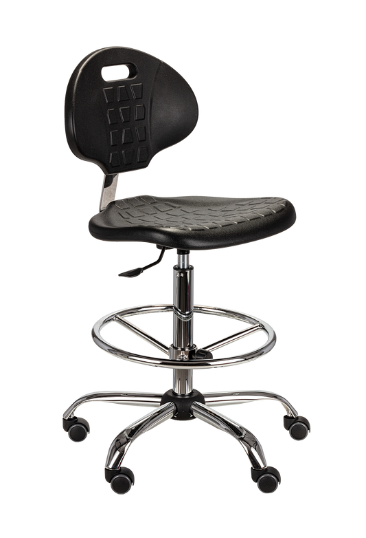 Wysokie krzesło przemysłowe (hoker) z czarnego poliuretanu z widocznym podnóżkiem typu ring