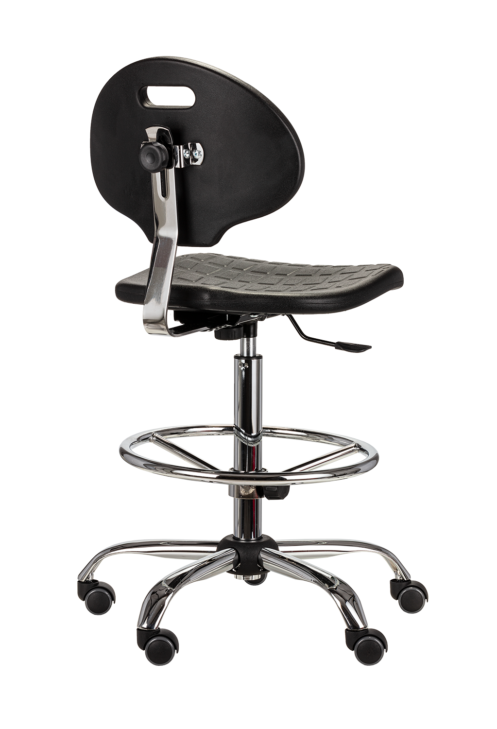 Widok z boku na hoker warsztatowy pokazujący ergonomiczny profil oparcia i zakres wysokości