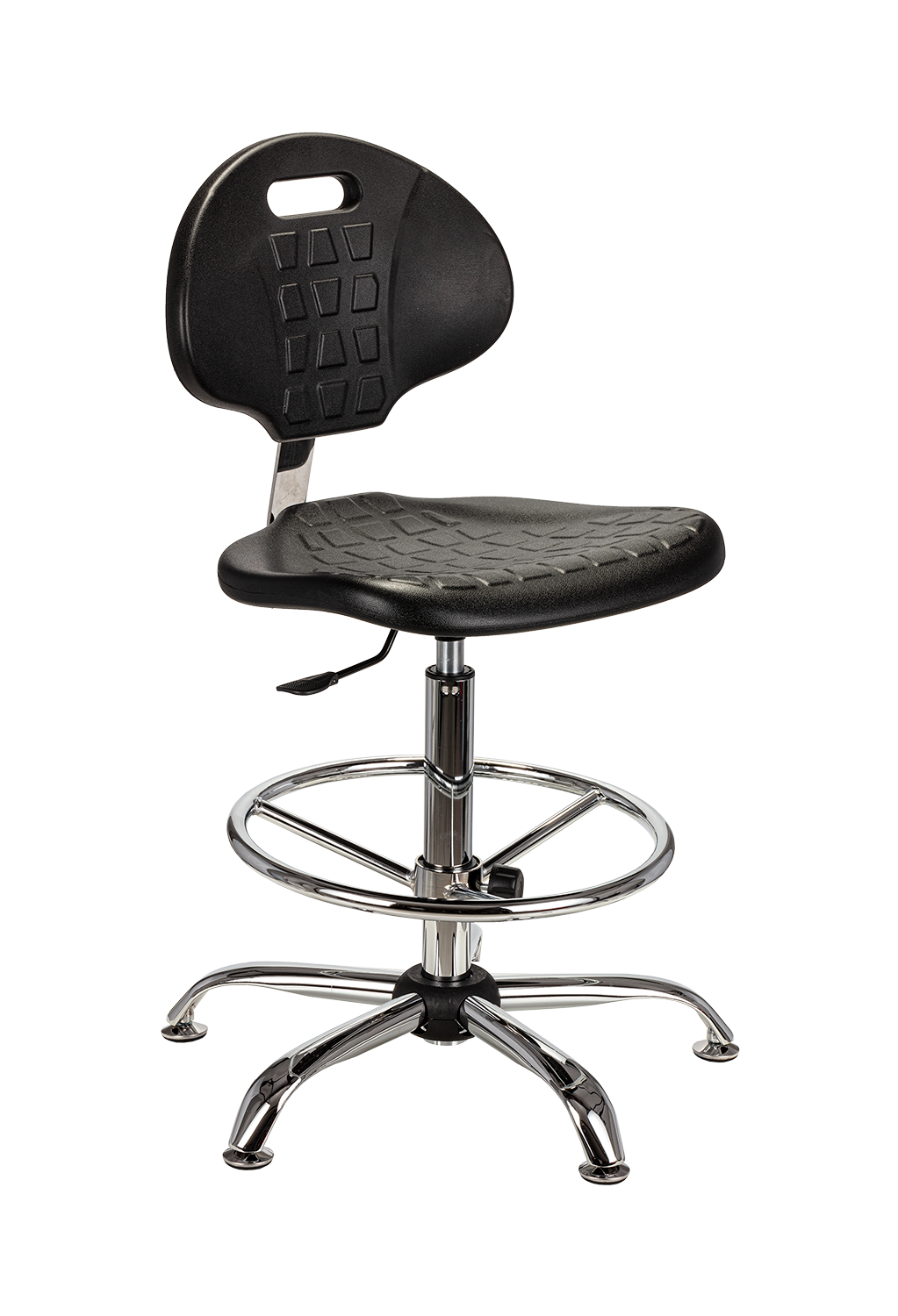 Zbliżenie na metalowy, regulowany podnóżek pod siedziskiem krzesła poliuretanowego