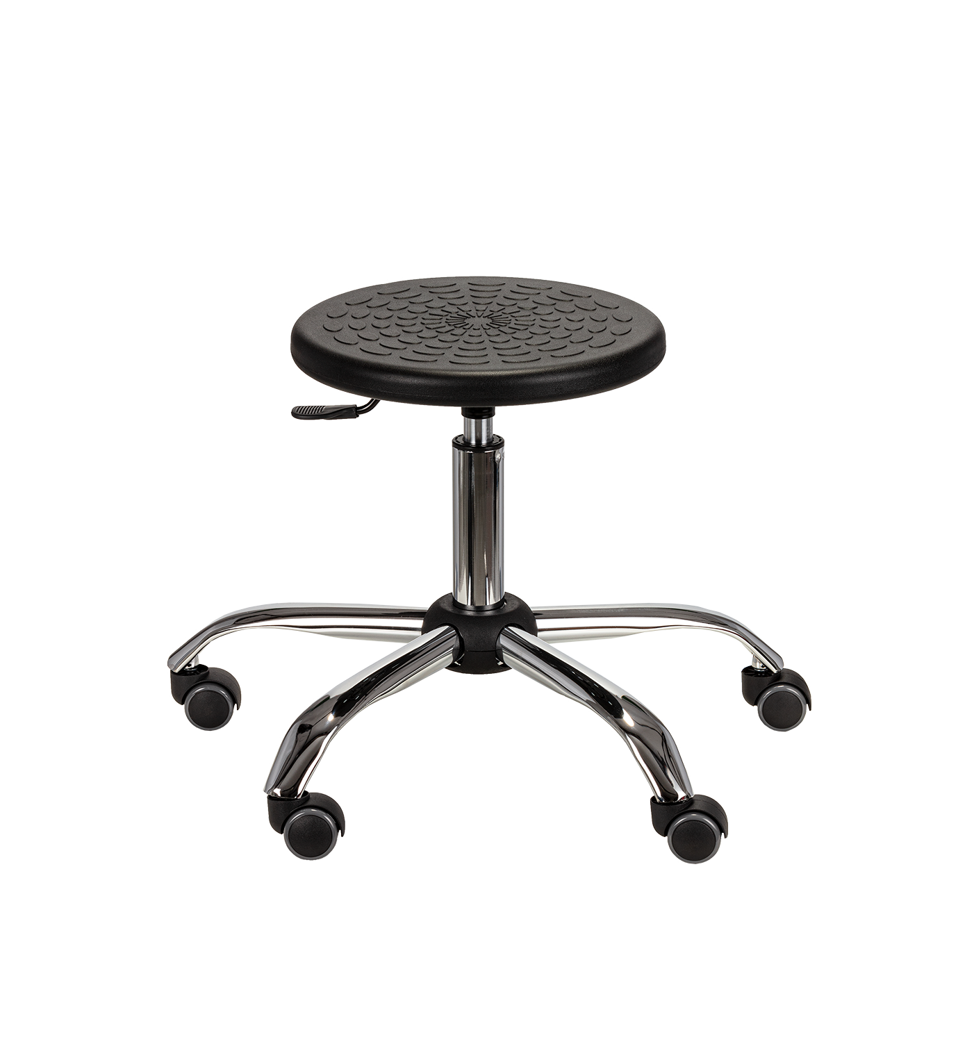 Niski taboret obrotowy ESD z czarnym siedziskiem poliuretanowym na pięcioramiennej podstawie