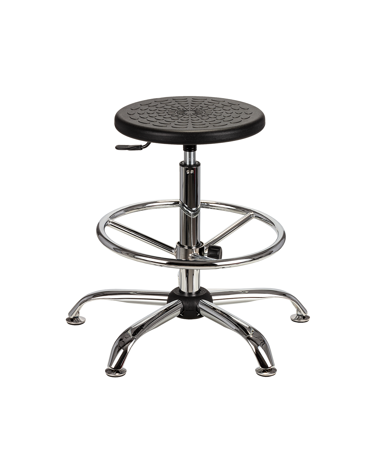 Wysoki taboret obrotowy ESD z czarnym siedziskiem poliuretanowym i chromowanym podnóżkiem