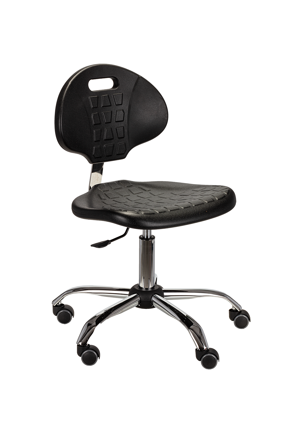 Krzesło obrotowe ESD z czarnego poliuretanu na chromowanej podstawie pięcioramiennej