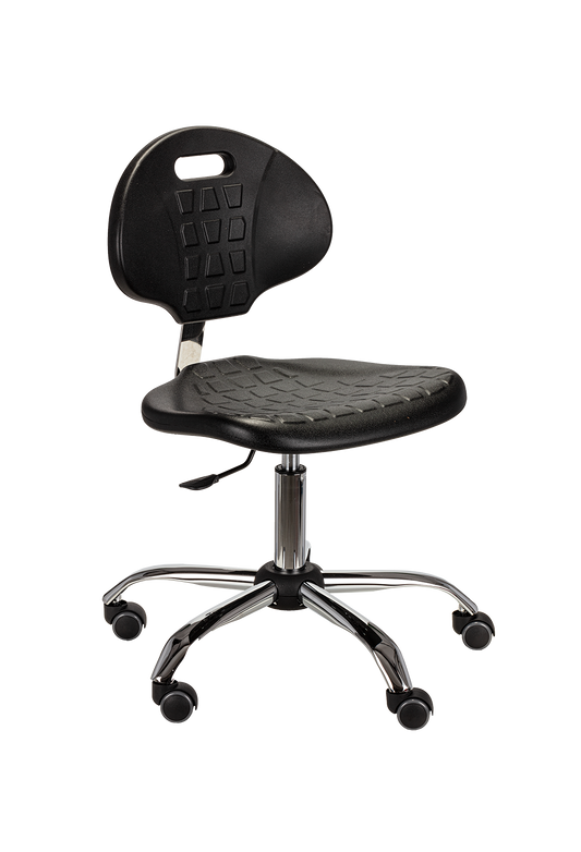 Krzesło obrotowe ESD z czarnego poliuretanu na chromowanej podstawie pięcioramiennej